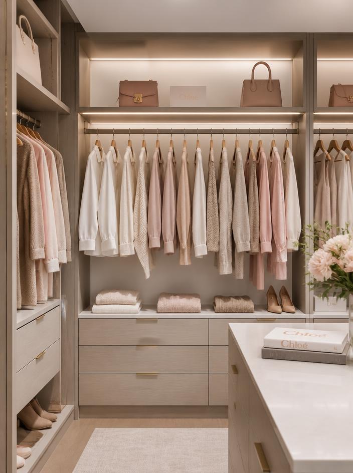 Clean, organized minimalist closet with neutral clothing and wooden hangers