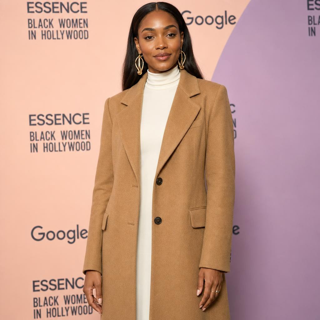 Tailored blazer look on a minimal TV interview set