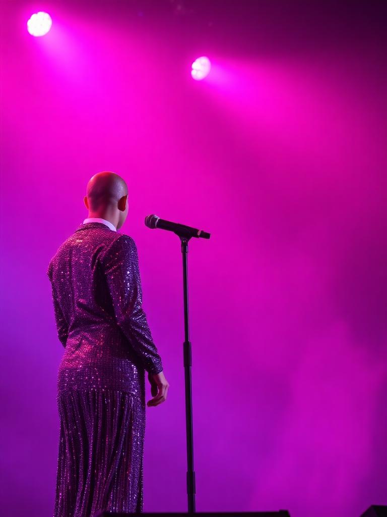 Sequined stage look and microphone under coloured concert lighting