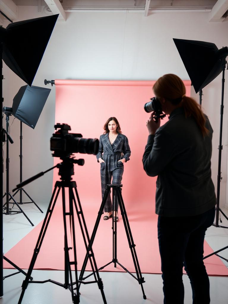 Studio photo shoot set with blush backdrop, lights, and camera