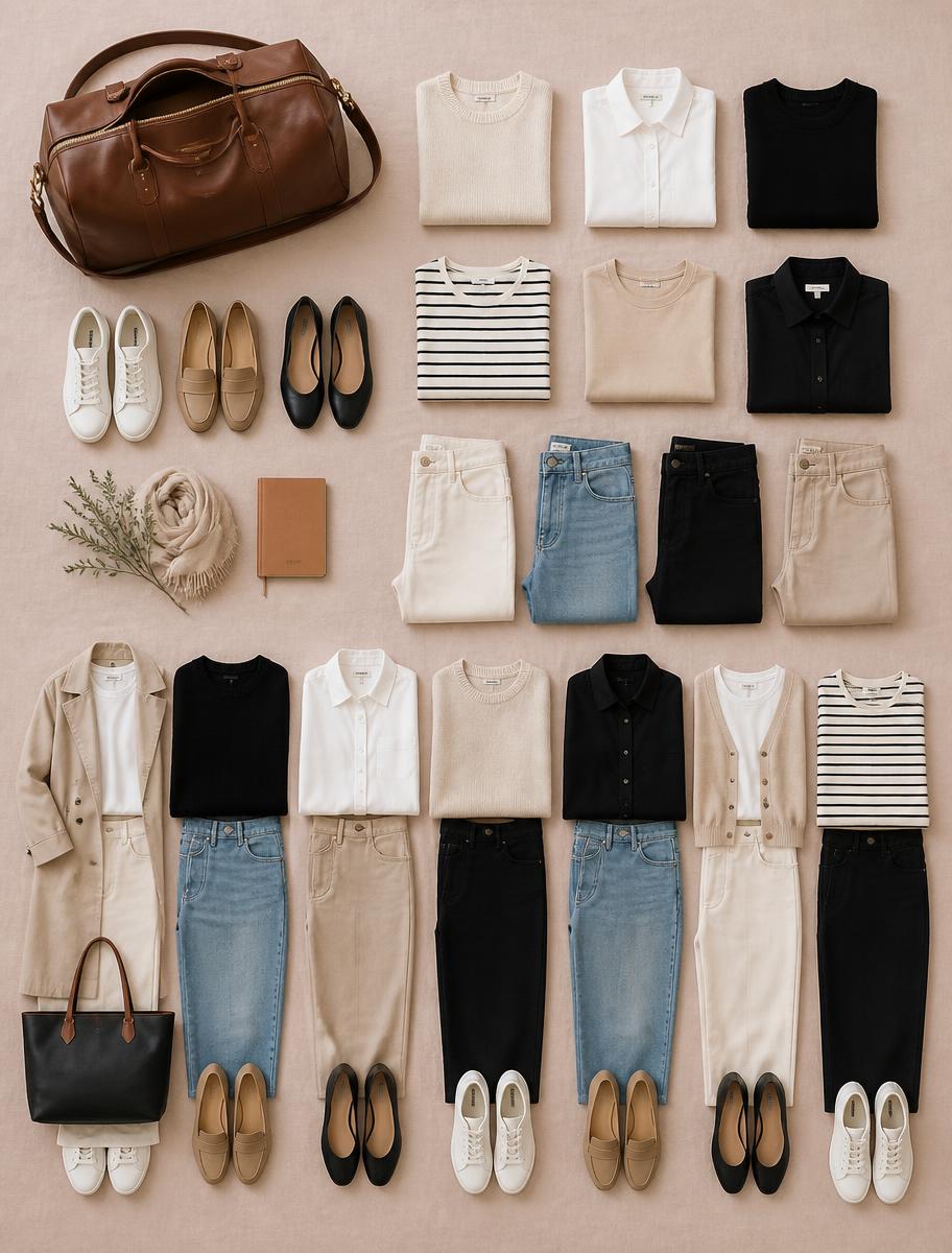 Travel capsule wardrobe laid out day by day on a blush linen surface