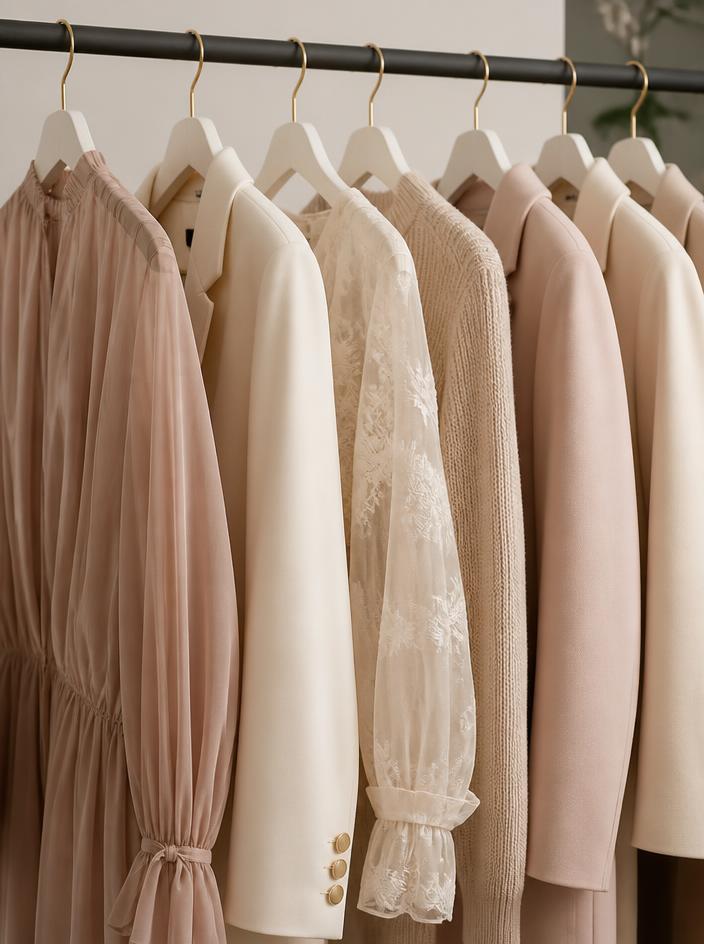 High-end fashion garments in blush and cream tones on a rack